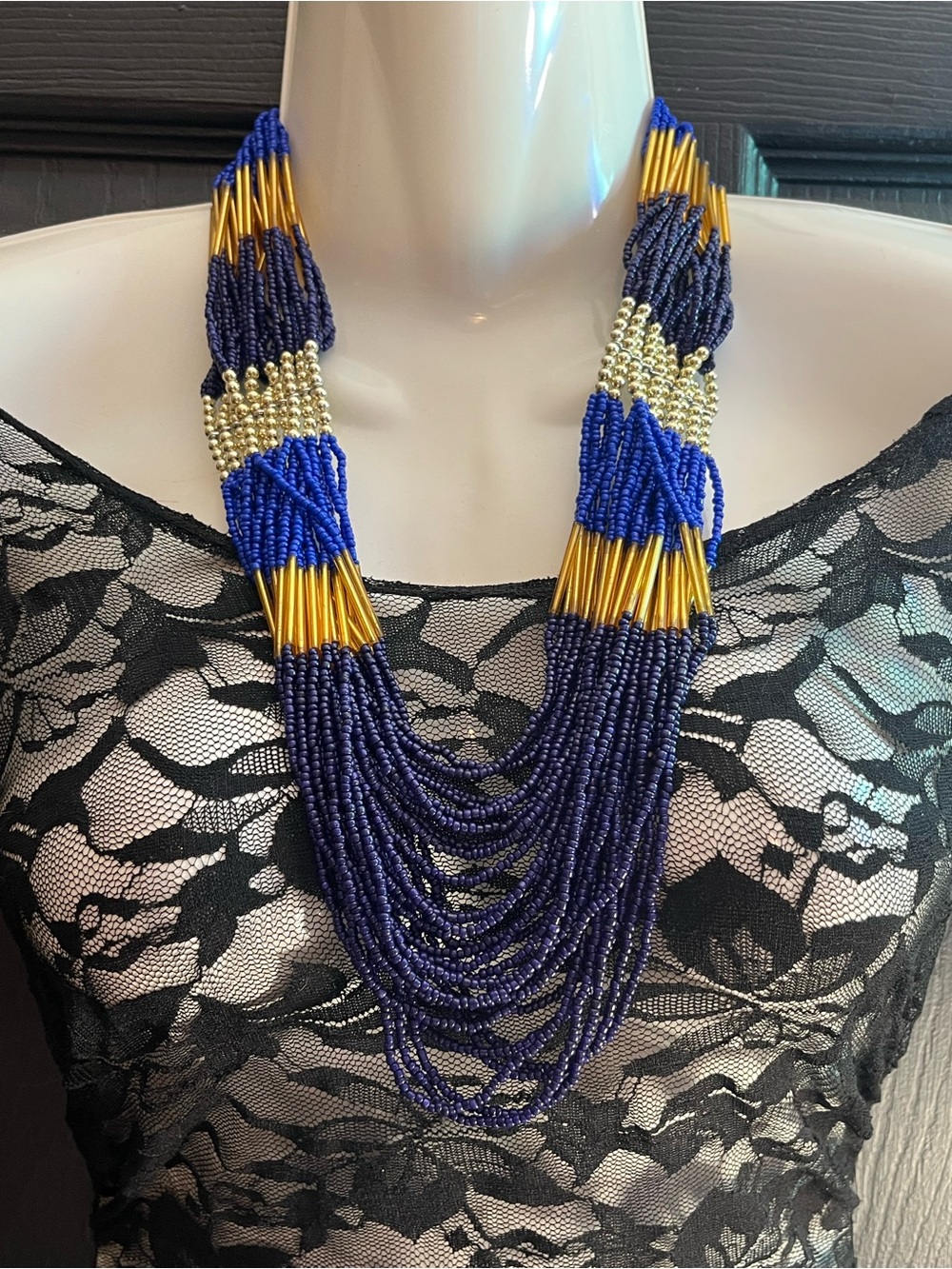 Park Lane Multistrand Navy and Gold Beaded Statement Necklace